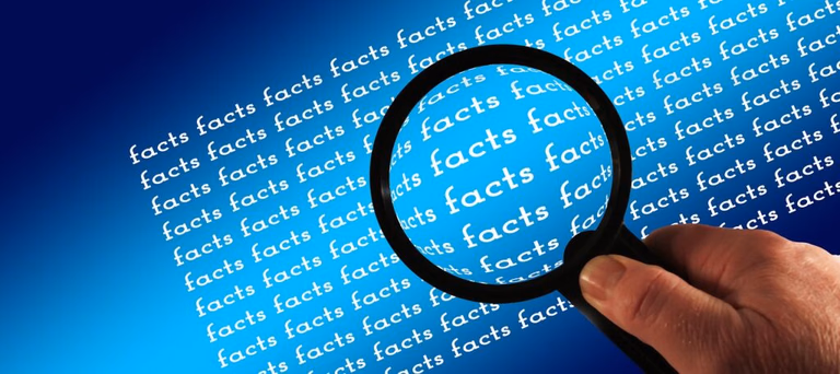 A magnifying glass over the repeated word facts, illustrating fact-based investigation