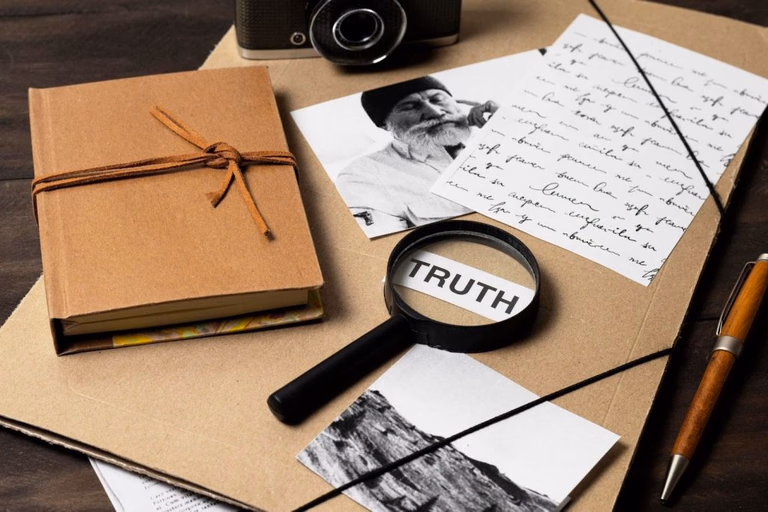 A magnifying glass held over the word truth, beside archival photographs and handwritten letters